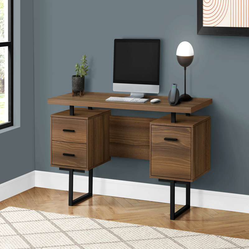 Bureau d'ordinateur, bureau personnel, ordinateur portable, installation à gauche, à droite, tiroirs de rangement, L 60 po, travail, stratifié noyer, métal noir, contemporain, moderne