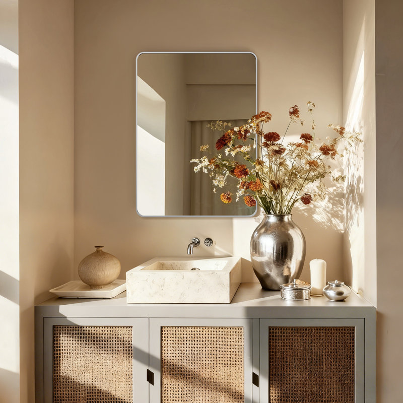 Silver Rectangle Bathroom Mirror, 22" x 30" Wall Mirror with Metal Frame, 22" x 30", Silver