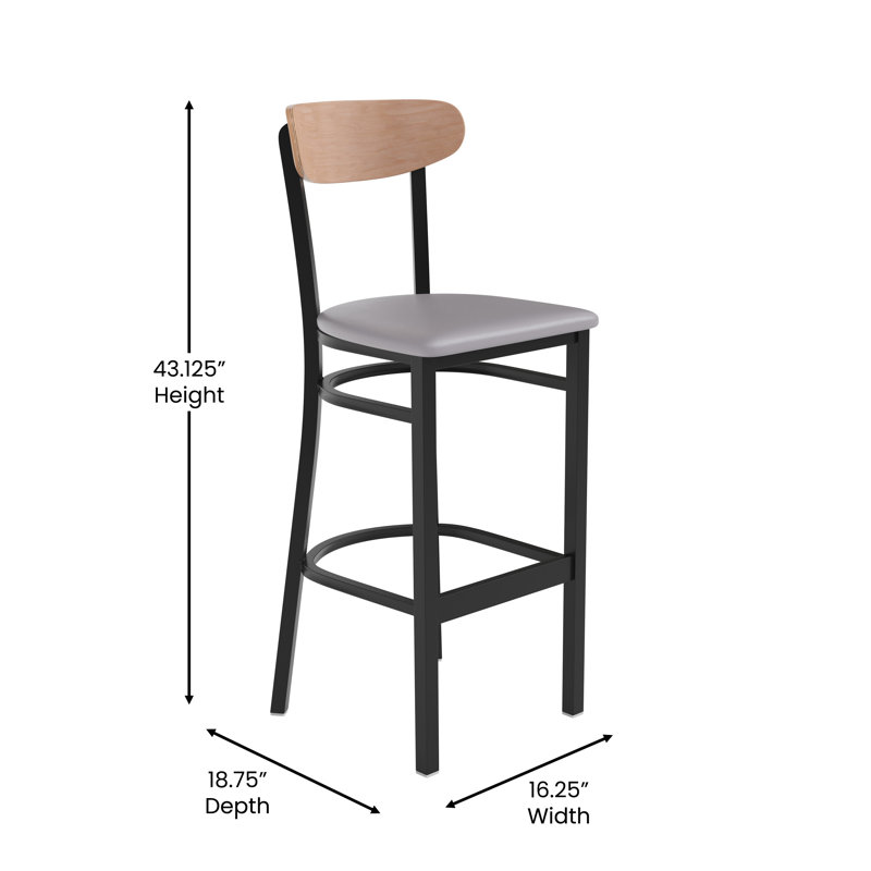 Commercial Metal Barstool with Wood Seat and Boomerang Back, Natural Birch, Gray