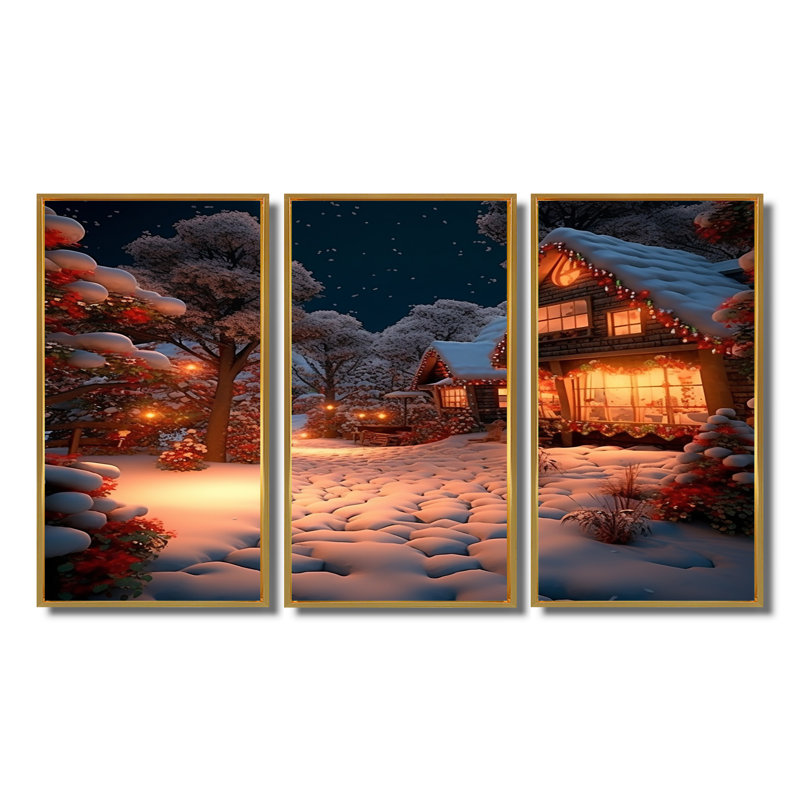 «Christmas Time In The Winter Village», ensemble d'art mural paysage d'hiver, Cadre flottant brun, H 32 po x l 48 po x P 1 po