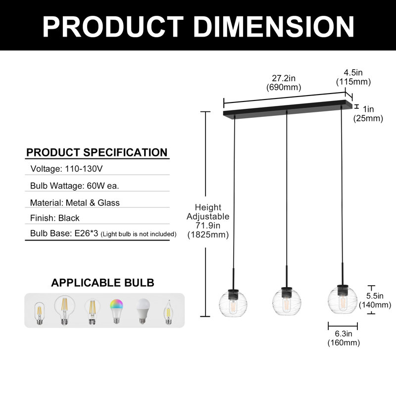 Luminaire suspendu pour îlot de cuisine 3 lumières avec abat-jour en verre Tappen