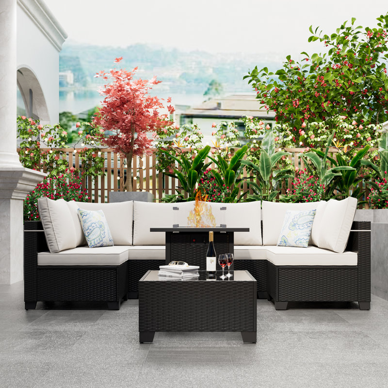 Ensemble de meubles de patio 8 pièces avec table de foyer d'extérieur, Ivoire ivoire