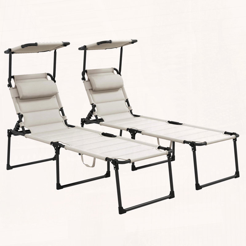 Ensemble 2 pièces de chaise longue pliante avec auvent et coussin réglables, Blanc