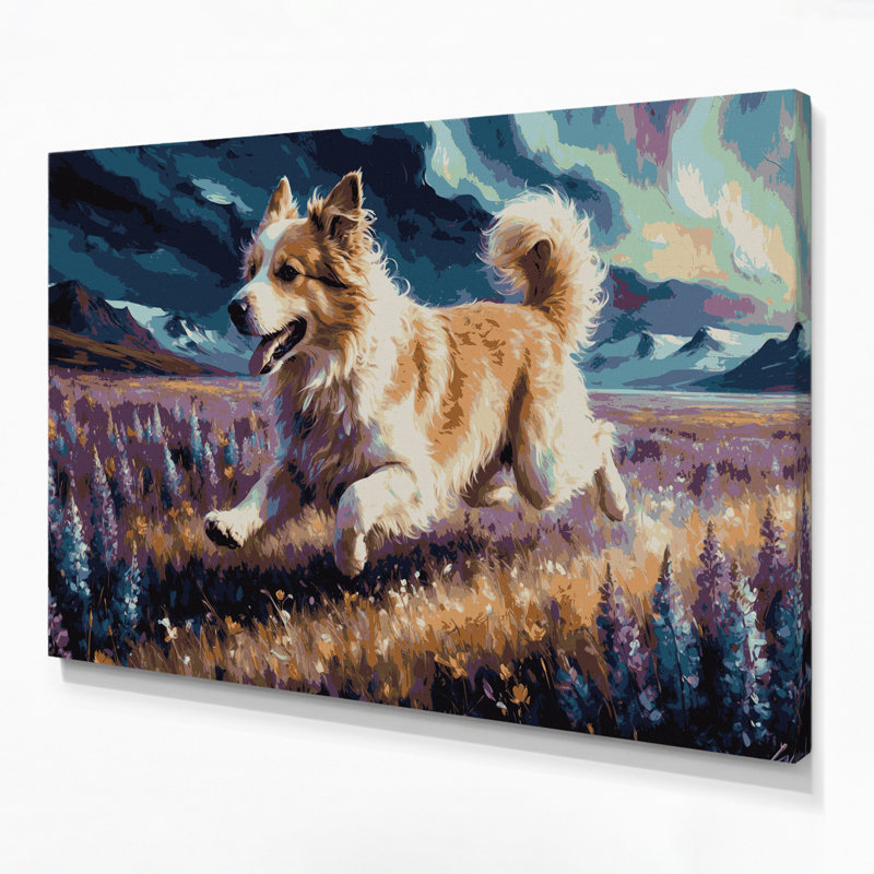 Chiens, chien de berger mauve sur toile mauve, H 11 po x l 14 po