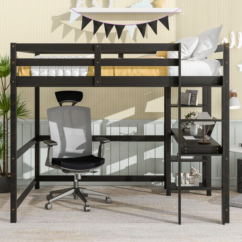 Lit mezzanine double avec bureau intégré, Espresso