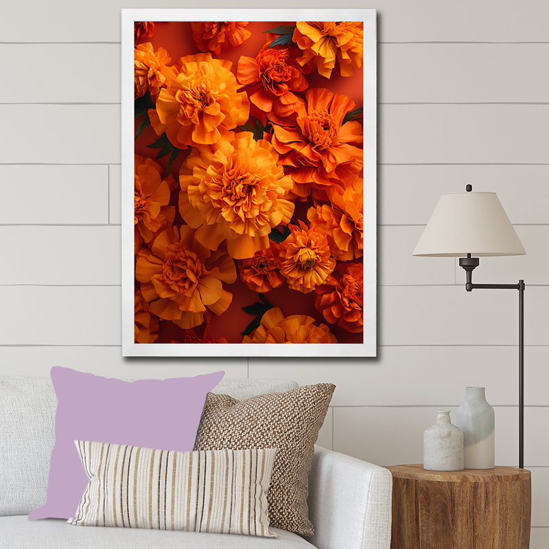 " Orange Marigolds Memory Unveiled ", White Single Picture Framed, 32" H x 16" W x 1" D