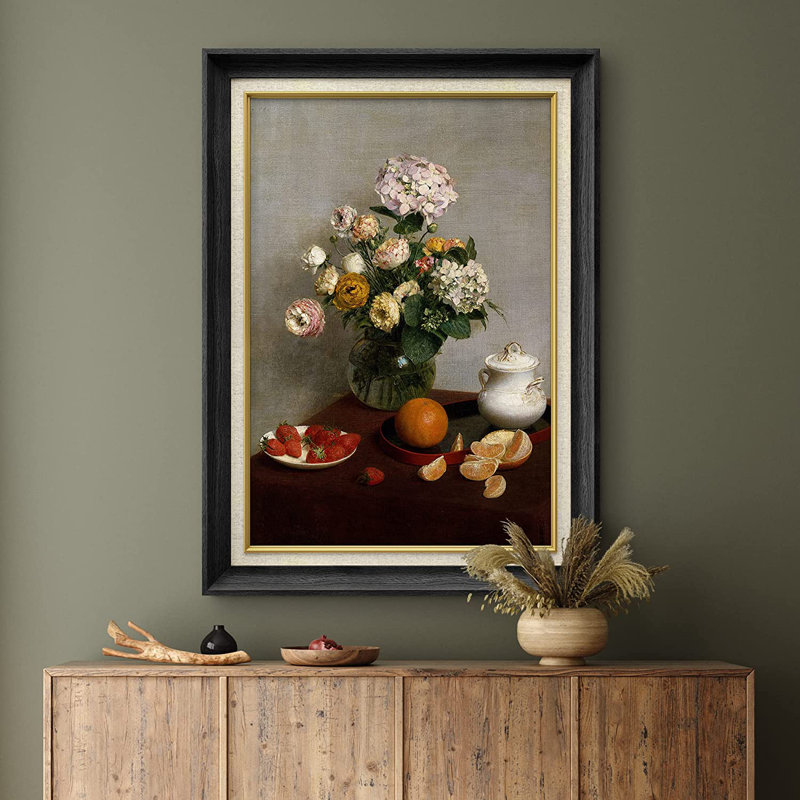 Fleurs de jardin et théière - Peinture sur toile encadrée, Noir