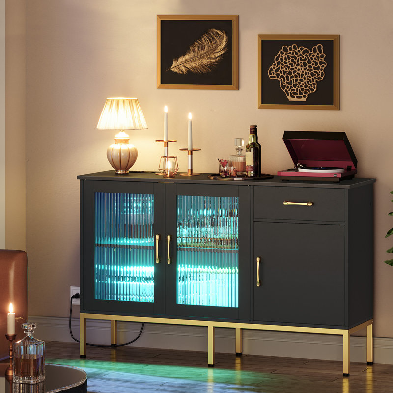 Buffet Cabinet with Charging Station, 47.2" Kitchen Sideboard Storage Cabinet & LED Light
