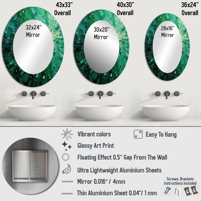 Emerald Euphoria II - miroir décoratif paysager, miroir mural vert, impression d'art en métal, 43 po x 33 po, Ovale