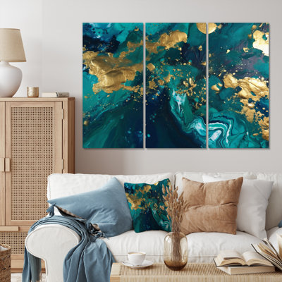 Teal And Gold Liquid Magic II - Abstract Shapes Metal Wall Art Prints Set