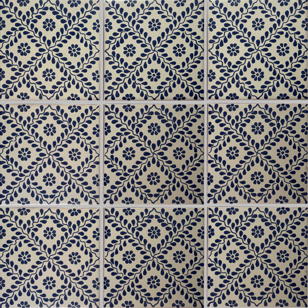 4.2" x 4.2" 9pcs TalaMex Meshed Blue Leaves Mexican Clay Tile Handmade Talavera Backsplash Mosaic