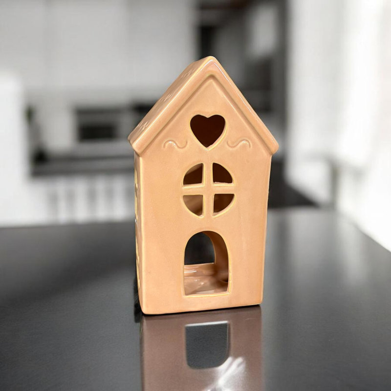 Ceramic Tabletop Tealight Holder - Townhouse Candle Lantern with Cut-Out Windows Starry Roof Home Décor Accent