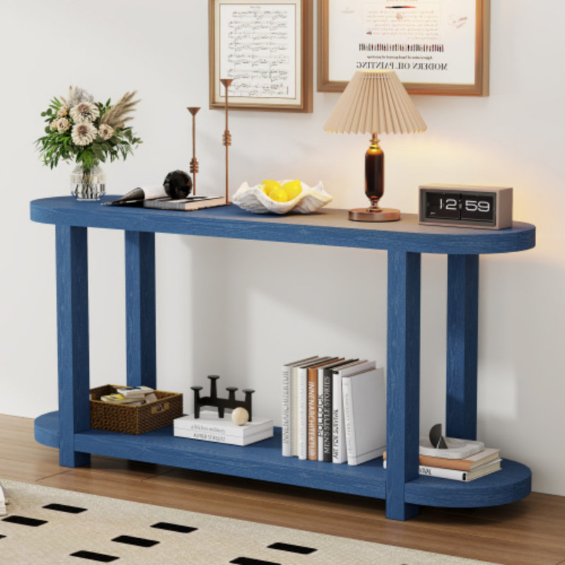 Uniquely designed entryway table with streamlined tabletop design, Navy Blue