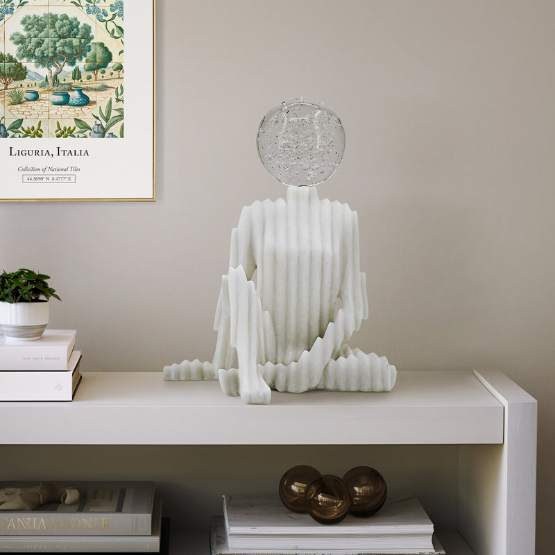 Cosentino Modern 14" White Resin & Glass Abstract Sculpture with Crystal Sphere Head - Decorative Accent for Home, Office, Living Room & Bedroom