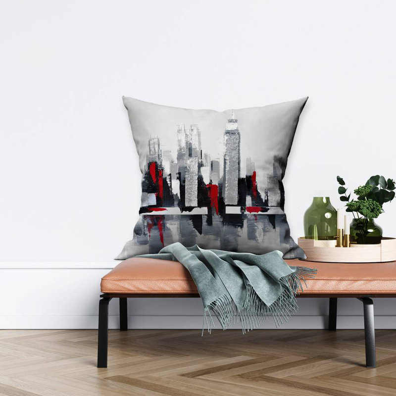 Gray and red cityscape - 26"x26" Throw pillow cover - Poly twill - Print on demand