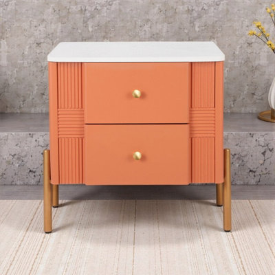 Table de chevet cannelée 22 po avec poignées dorées, table de chevet moderne 2 tiroirs 22 po