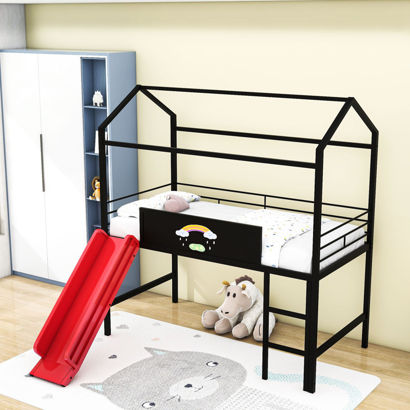 Metal House Loft Bed With Slide, Writable Wooden Board And Guardrails, Black/Red