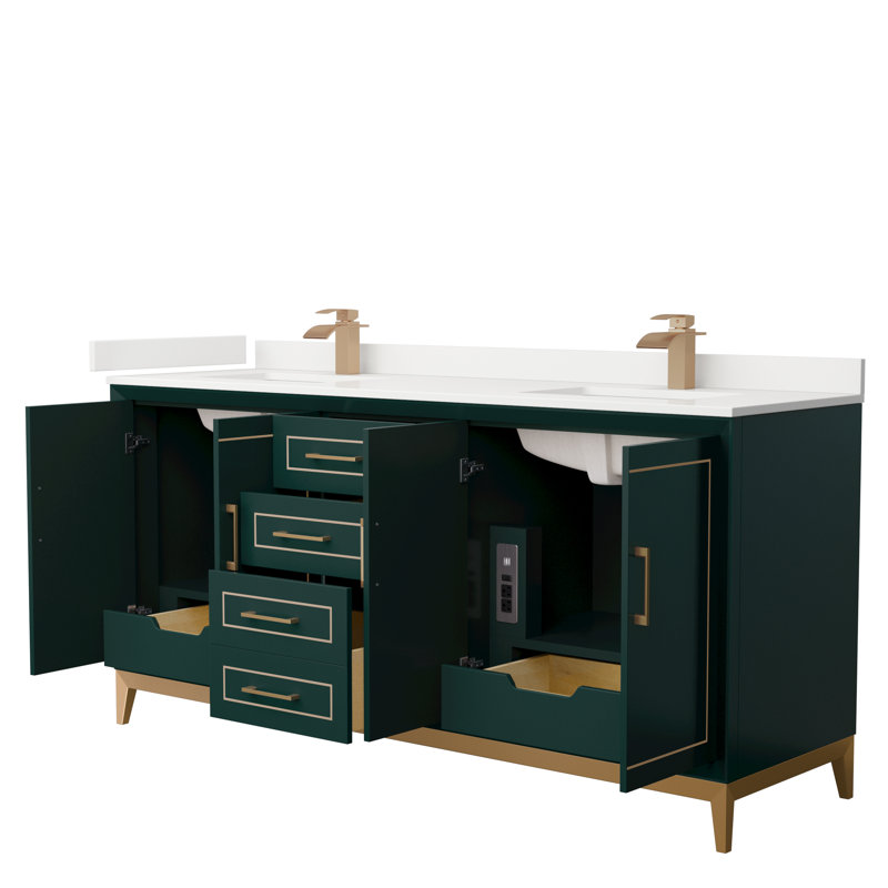 Meuble-lavabo double Marlena, Vert, Quartz blanc, Bronze satiné