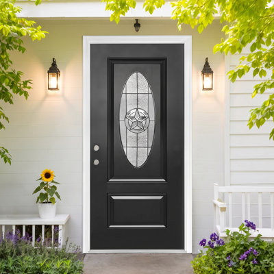Panneau de porte d'entrée Kai 36 po x 80 po en fibre de verre, fini brossé noir, verre décoratif ovale Texas Star Triplex