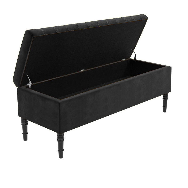 Paris Striped Ottoman Storage Bench - Upholstered Plush Velvet Shoes Bench with Black Turned Wooden Legs, Black