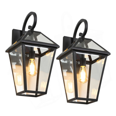 21"(H) 2-Pack Outdoor Wall Lantern Light – Modern Black Metal & Clear Glass Sconce For Porch, Patio, And Garden Lighting (Bulb Not Included)