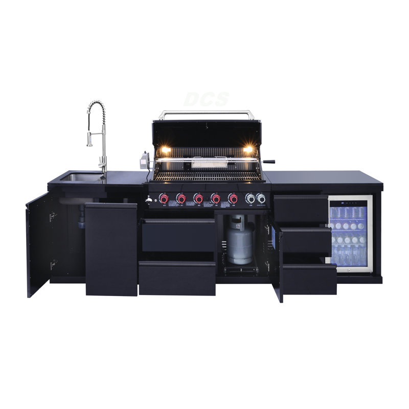 Black 6-Burner 83500 BTU Deluxe Stainless Steel Gas Outdoor Kitchen Bar Barbecue Island Grill + Stainless Steel Sink With Trash Can + Refrigerator And Three-Drawer Storage Cabinet