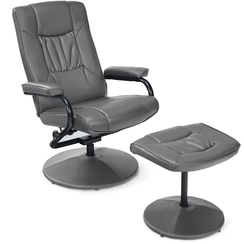 Mcabee Faux Leather Swivel Armchair with Ottoman, Gray Faux Leather