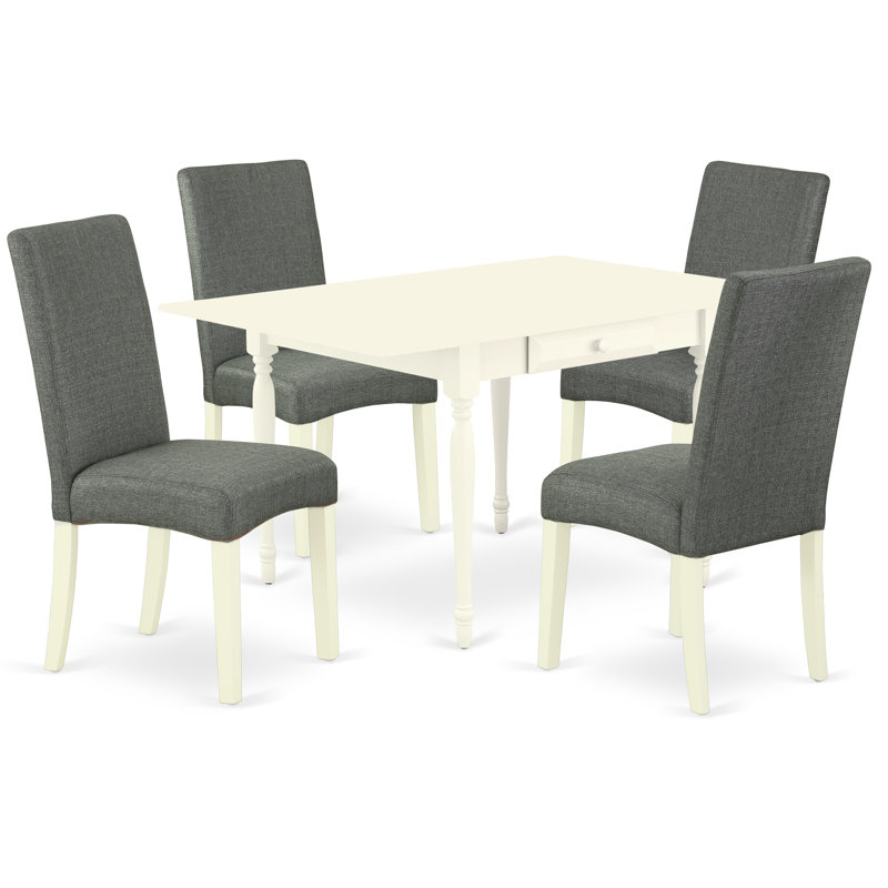 L'ensemble de table de cuisine 5 pièces pour 4 personnes comprend une table de salle à manger rectangulaire avec Dropleaf et 4 chaises de salle à manger Parsons en tissu gris, lin blanc