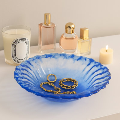 Decorative Round Obmre Bowl for Home Decor - Modern Glass Accent Bowl for Entryway Table, Kitchen Counter, or Home Decor - Blue & Clear