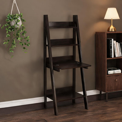Leaning Ladder Desk with Storage Shelves, Brown Finish, 61-Inch Height, Space-Saving Home Office Workstation