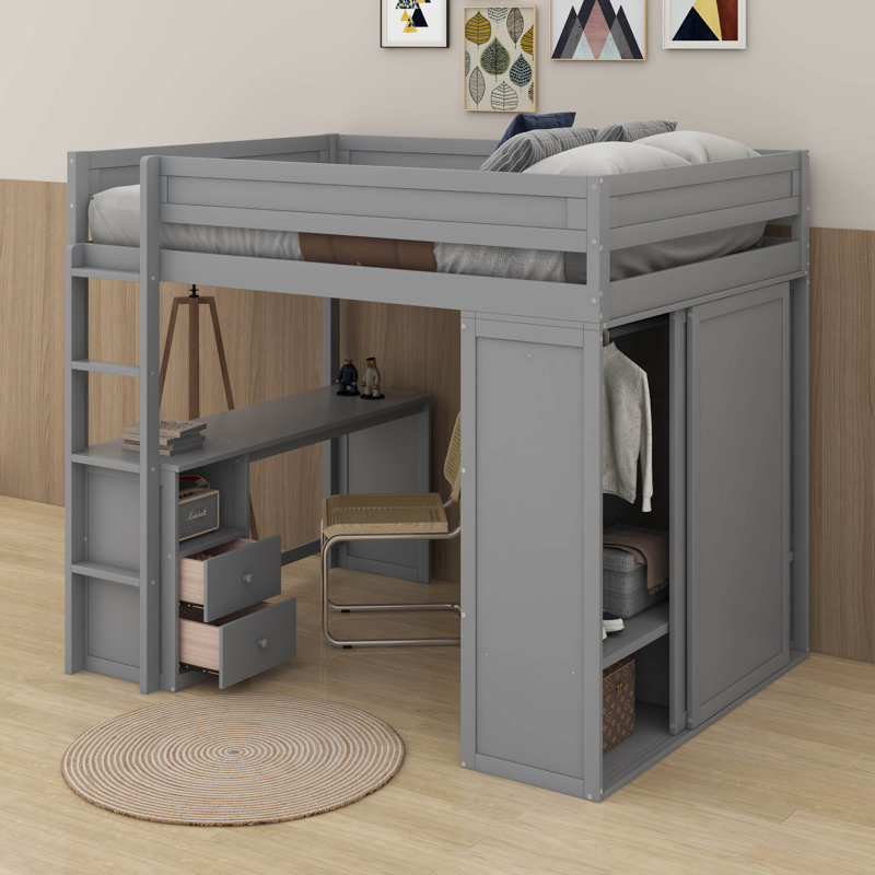 Lit mezzanine double avec placards et bureau, Gris