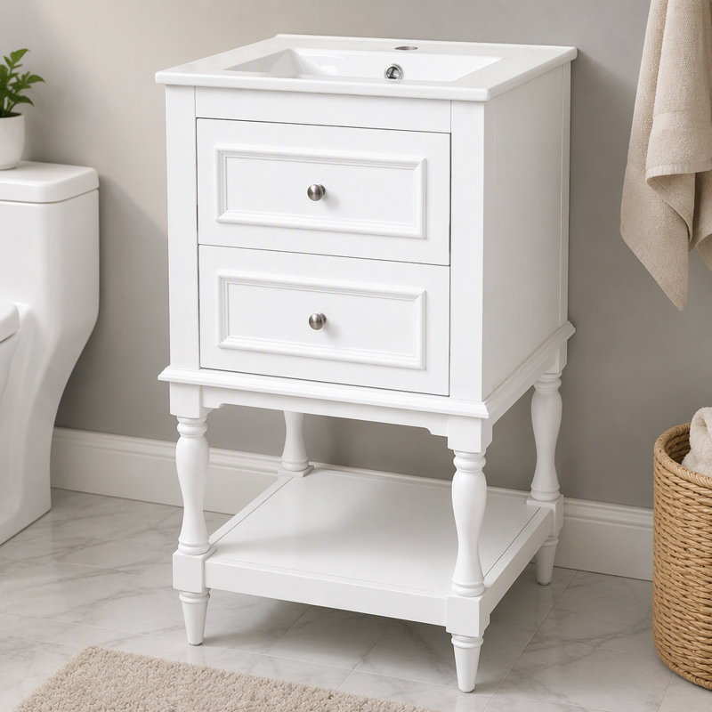 Meuble-lavabo de 20 po avec lavabo en céramique, armoire de rangement avec tablette ouverte, armoire de salle de bain rétro avec 2 tiroirs