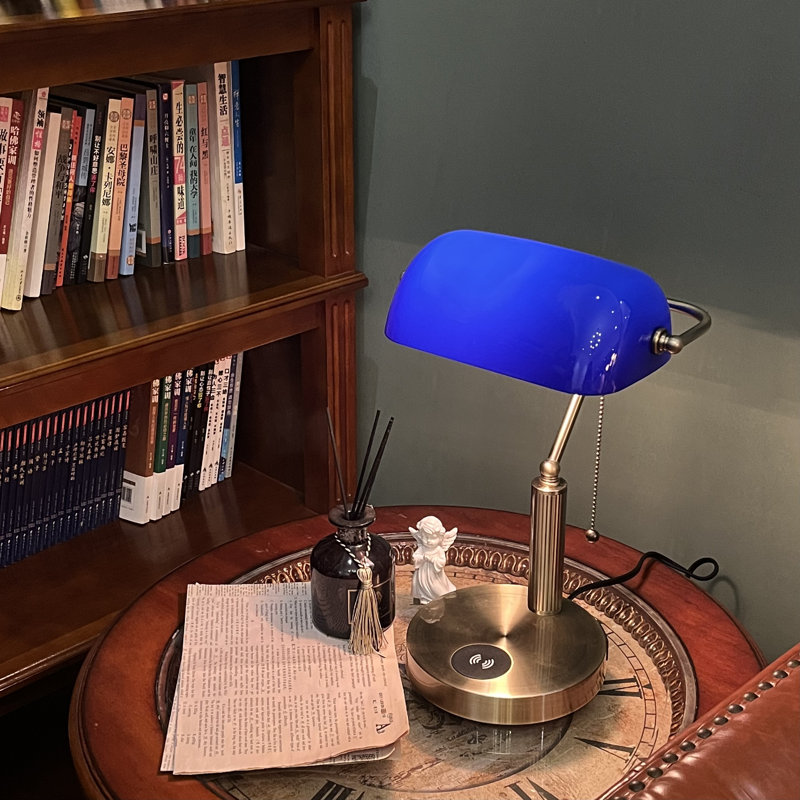Bankers Lamp with2 USB and Wireless Charging Port，Pull Chain Switch Cobalt Blue Glass Desk Lamp， E26 Base,Traditional Library Desk Lamps for Home Office,Bedroom,Piano(bulb not included)