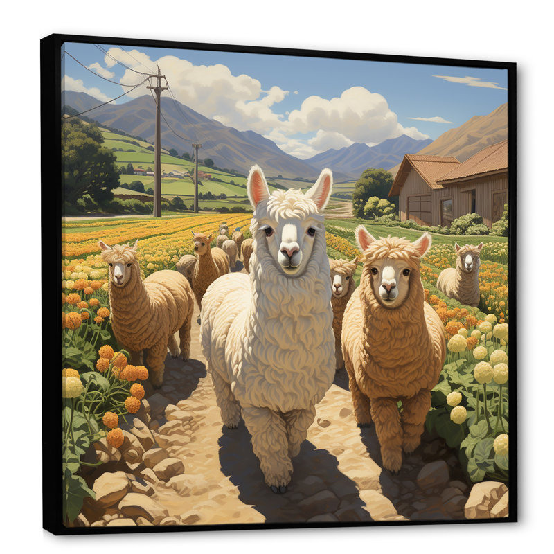 Cheerful Farm Alpaca Portrait - Perroquet, art mural, Cadre flottant noir, H 30 po x l 30 po
