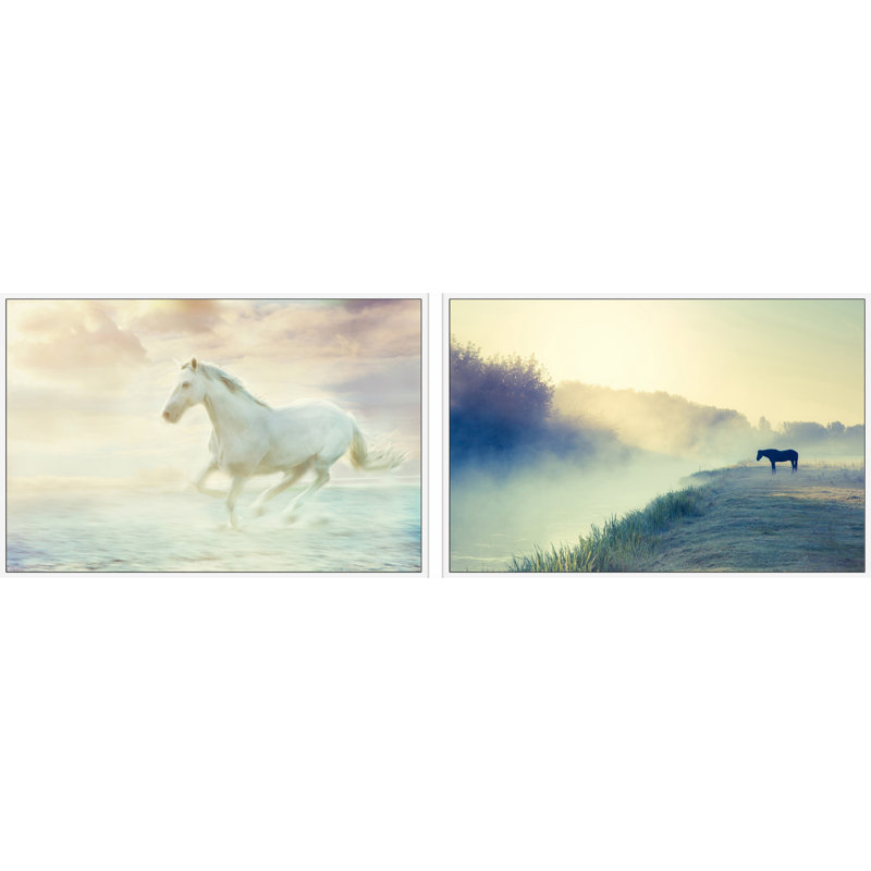 Diptych de chevaux dans la nature, H 30 po x l 45 po x P 1,5 po