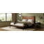 Lit plateforme king size en bois d'acacia massif avec tête de lit en cuir végétalien tissé à la main, style moderne du milieu du siècle, sommier non requis, brun foncé