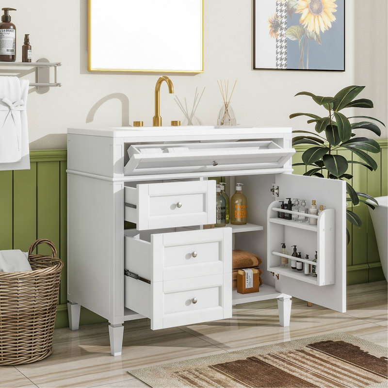 Meuble-lavabo 36 po avec lavabo supérieur, meuble-lavabo moderne avec 2 tiroirs et tiroir escamotable, meuble-lavabo simple