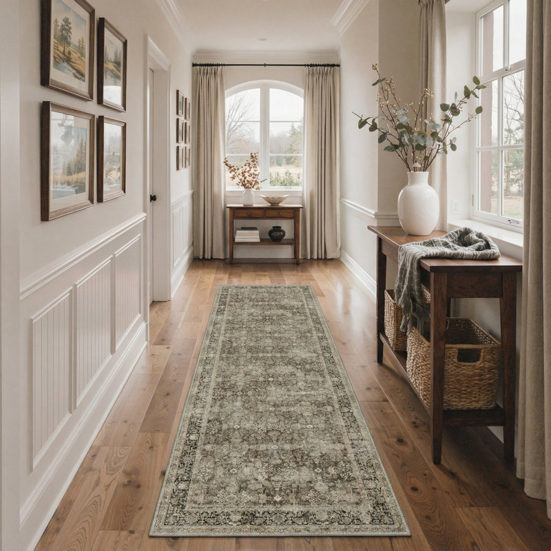 Roehit Distressed Medallion Olive & Charcoal Vintage-Style Area Rug, Runner 2' x 6'