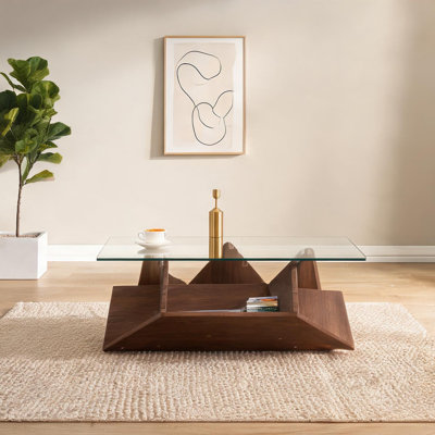 Table basse en verre trempé et panneau de fibres à densité moyenne brun chaud avec compartiments de rangement séparés