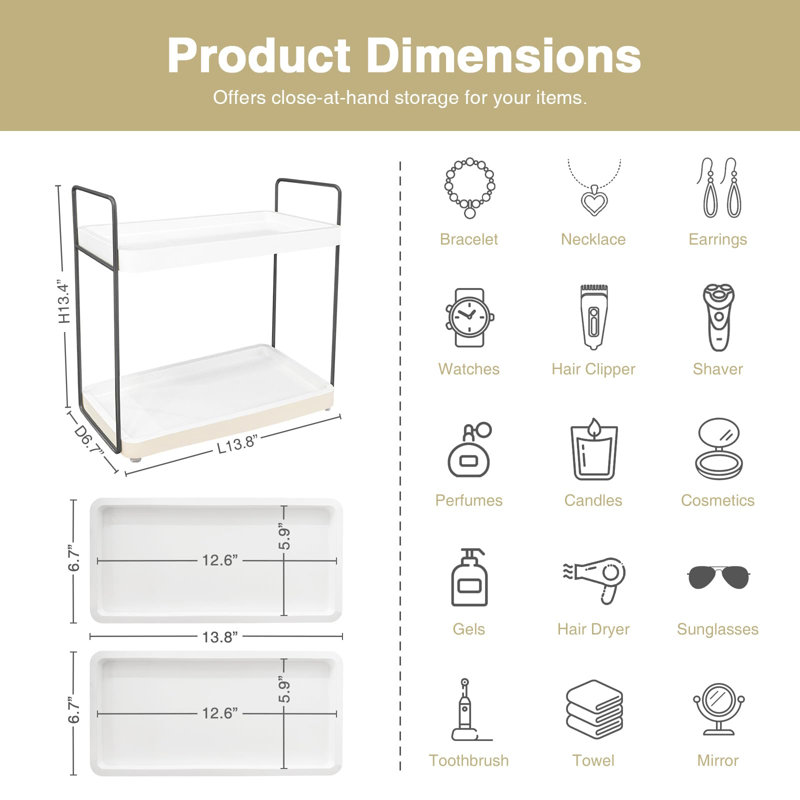 Bathroom Counter Organizer 2 Tier Vanity Skincare Shelf Tray with Storage (White and Grey), White/Gray