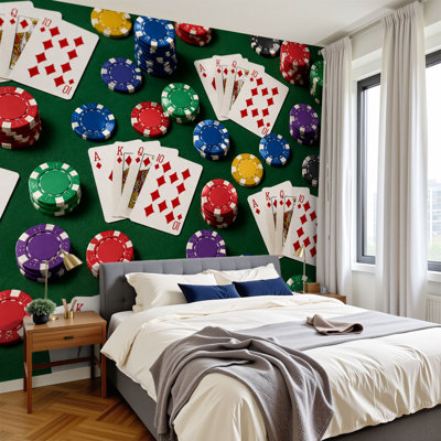 Peel and Stick Wallpaper 69" L x 96" W Modern Self Adhesive Wall Mural for Bedroom - With Poker Cards Chips Set Green Felt Print