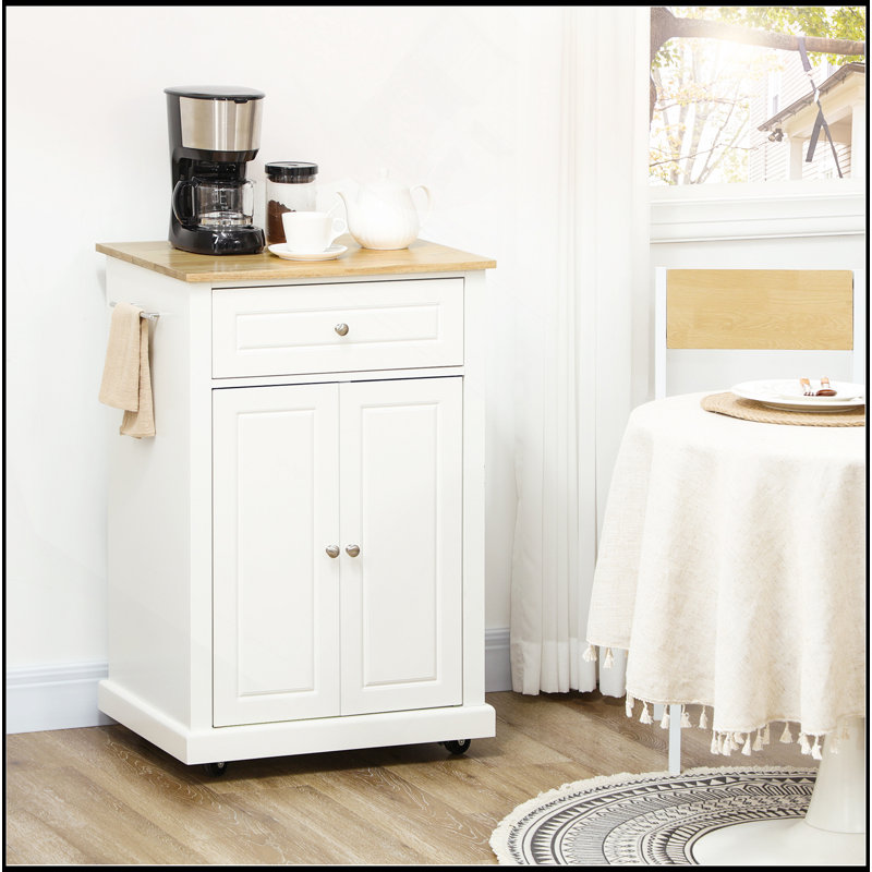 Rolling Kitchen Island Cart, Portable Serving Trolley Table With Drawer, Adjustable Shelf And 2 Towel Racks, Cream White