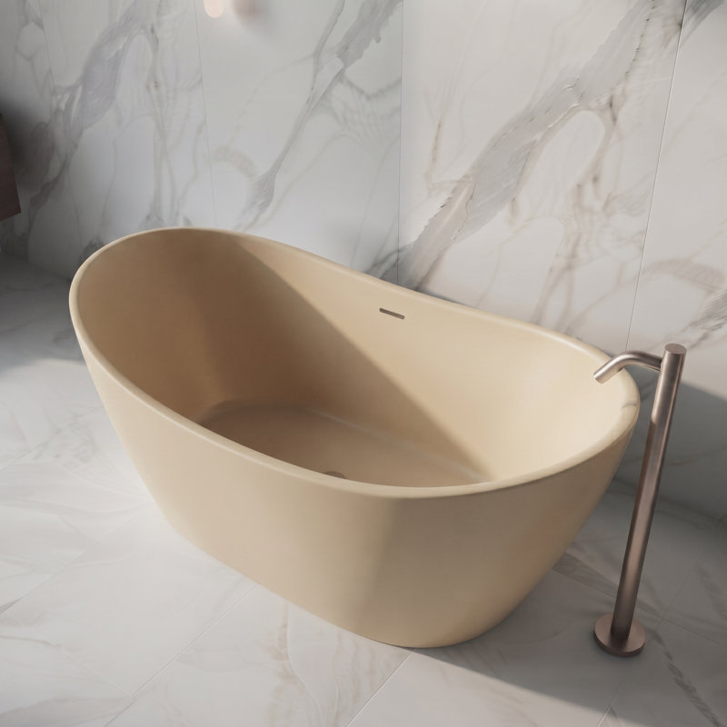 61" Solid Surface Freestanding Soaking Bathtub, Oval Cream Matte Finish, Cream