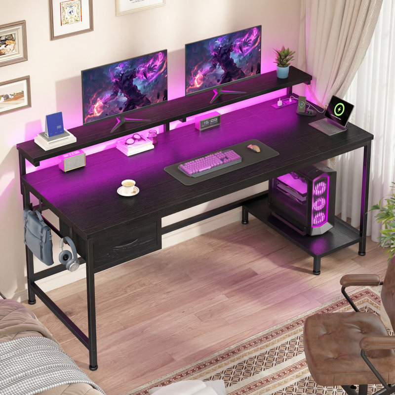 Small Home Office Computer Desk With Power Outlet And CPU Stand, Gaming Desk With Monitor Stand & LED Lights, Black/Black