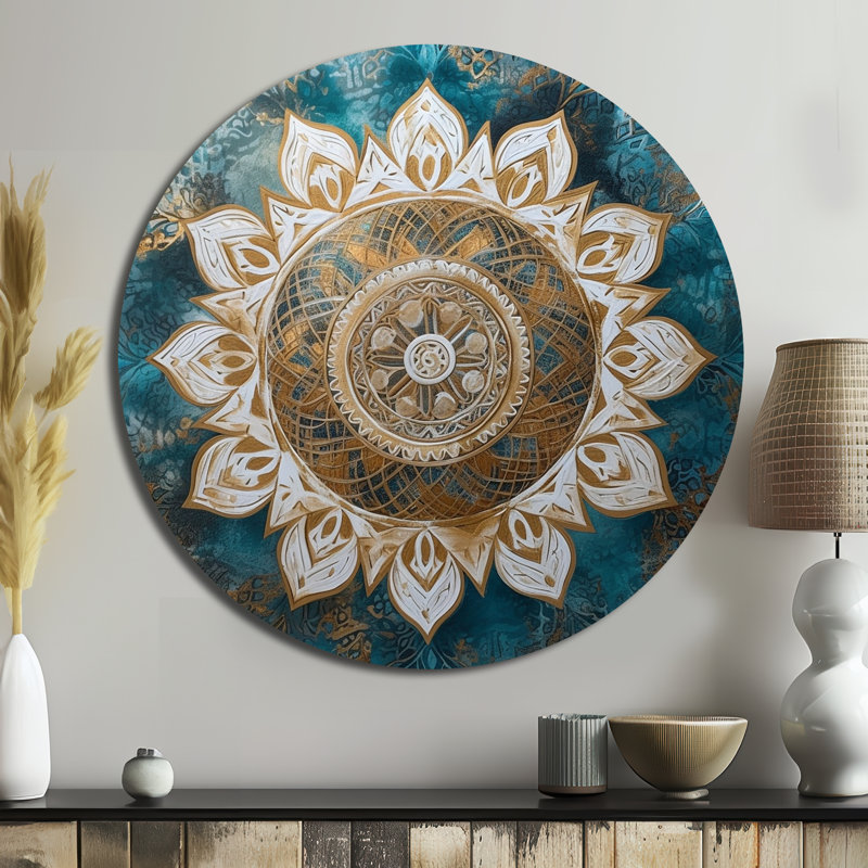 Sarcelle et mandala doré II - art géométrique rond en métal, H 16 po x l 16 po x P 1 po