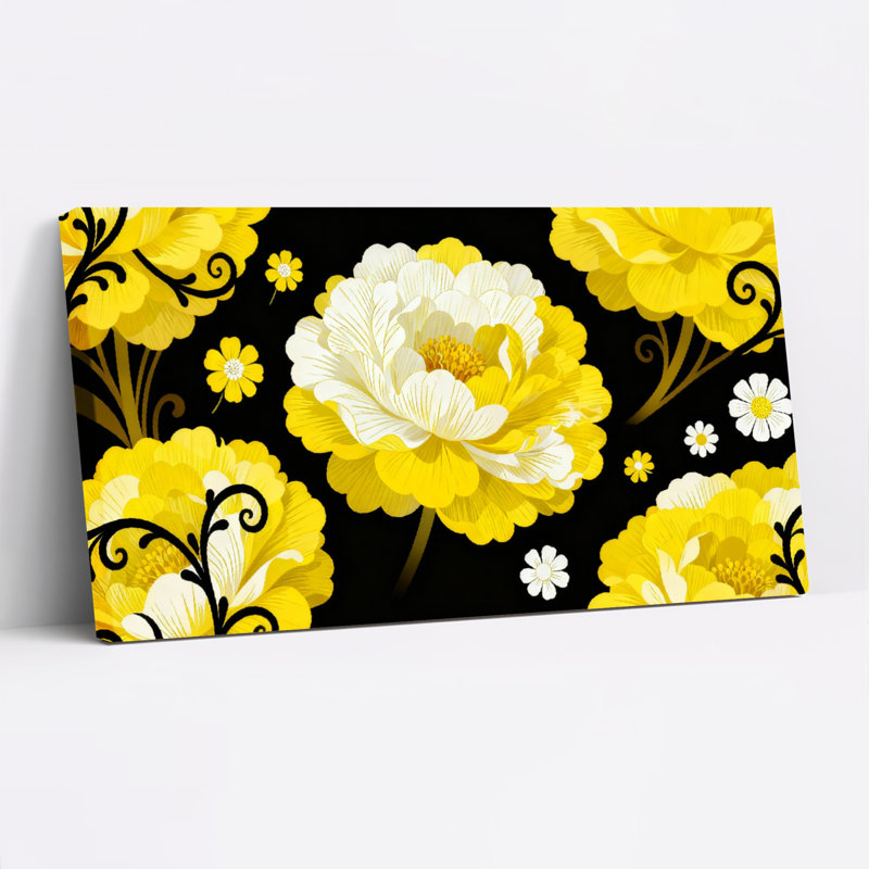 Ensemble de 1 tableau sur toile à motif floral jaune et blanc, H 24 po x l 48 po