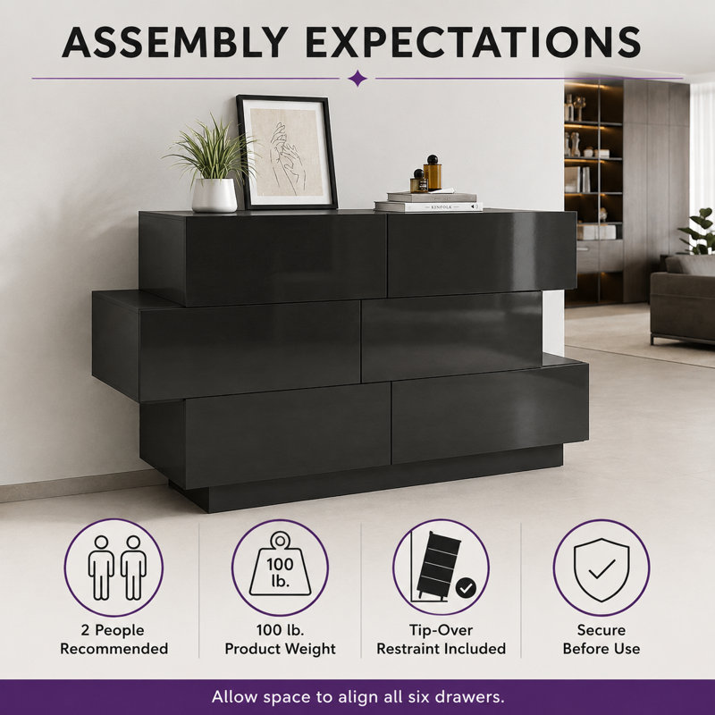 Bhavina 50.8 " W 6 - Drawer Dresser, Black