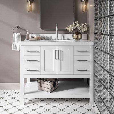 Magnolia 43" Single Bathroom Vanity in White, with 1.5 Pure White Quartz Top, Oval Sink