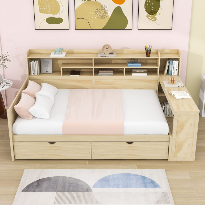 Lit de jour en bois avec 2 tiroirs de rangement et bureau d'étude, Naturel, Double