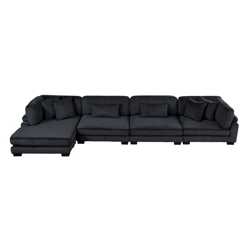 Canapé modulaire 4 pièces avec méridienne réversible Constantino, H 34,5 po x l 180 po x P 70 po, Velours côtelé noir